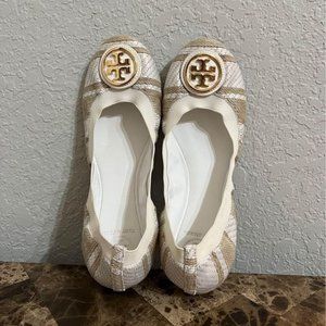 Tory Burch Caroline Ballet Flats Shoes Womens 8.5 White Gold